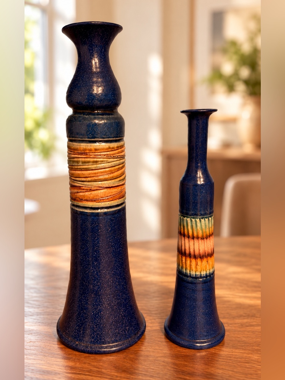 Vintage Raquel Perez Taller Artesanal Pottery Vase Set 2 Navy Blue 15” 12”